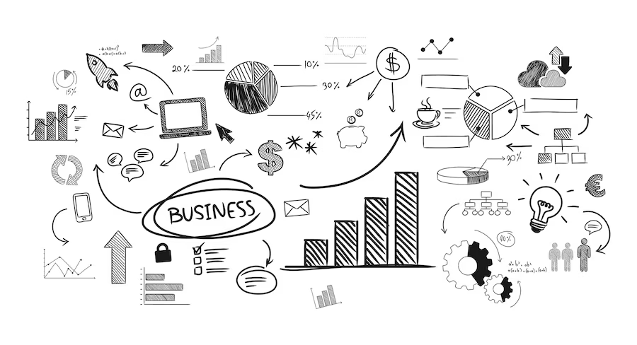 black and white illustration of all business symbols